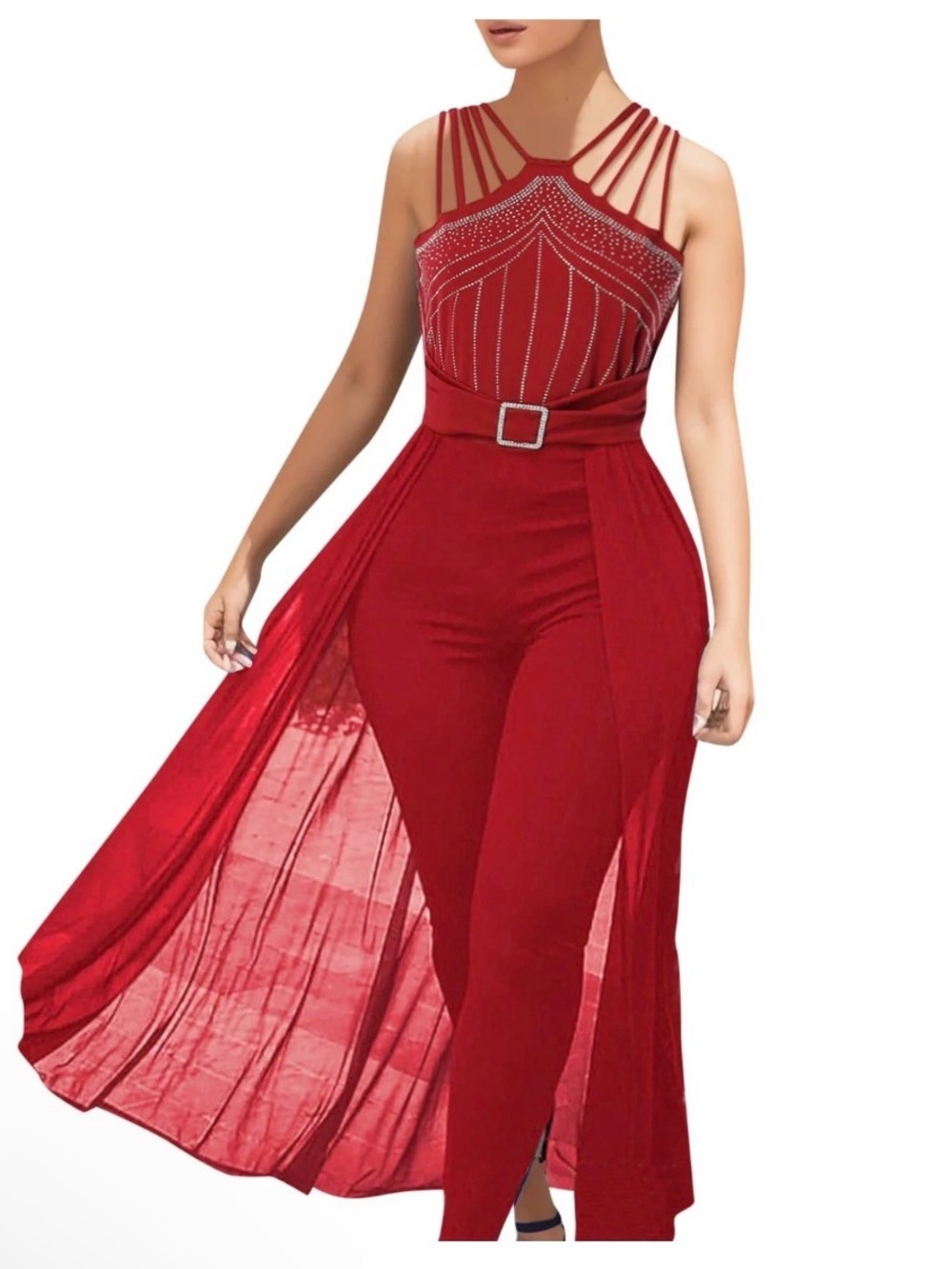 Chicme Siamese Diamond Belted Red Halter Stretch Body Suit